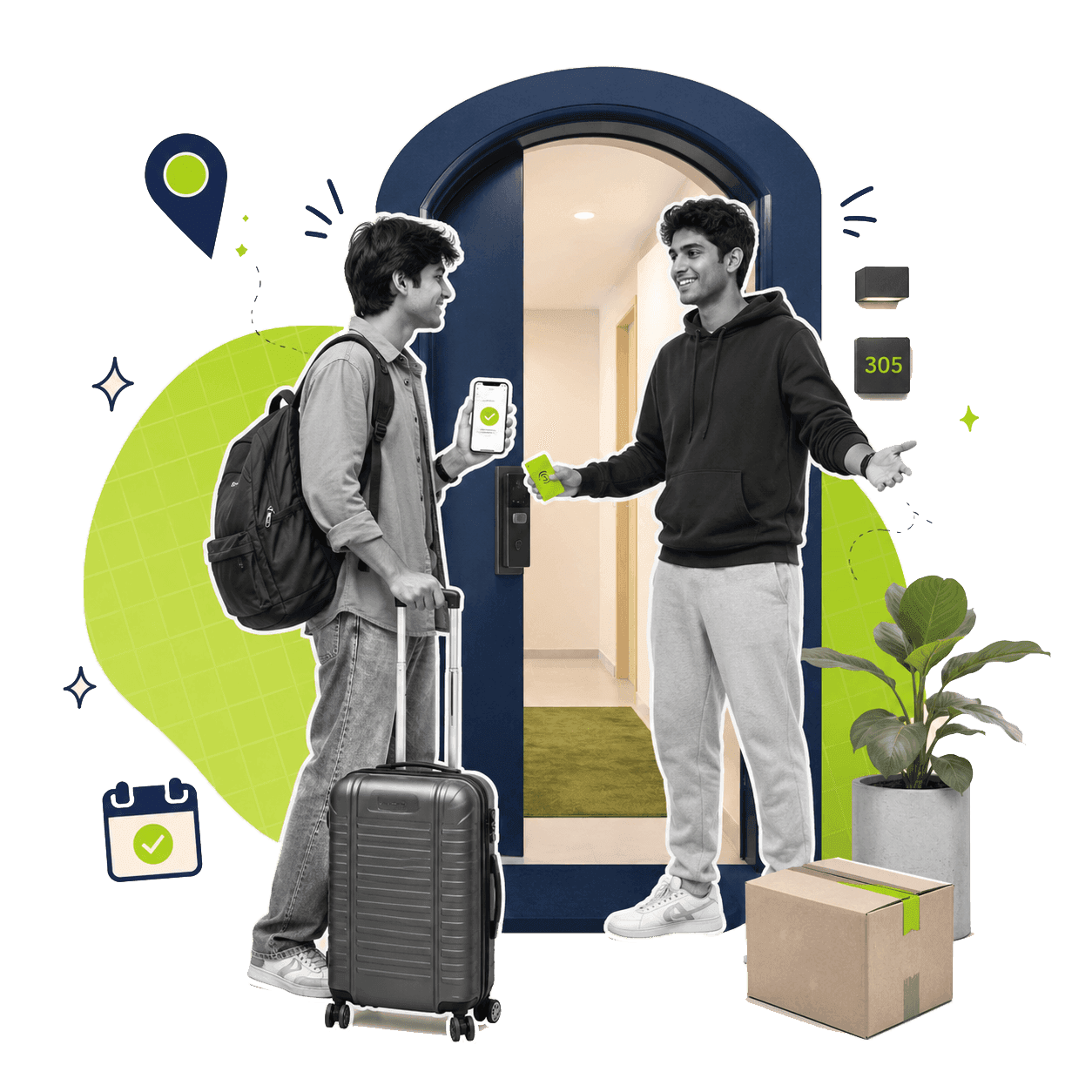 HelloWorld residents with luggage at the doorway